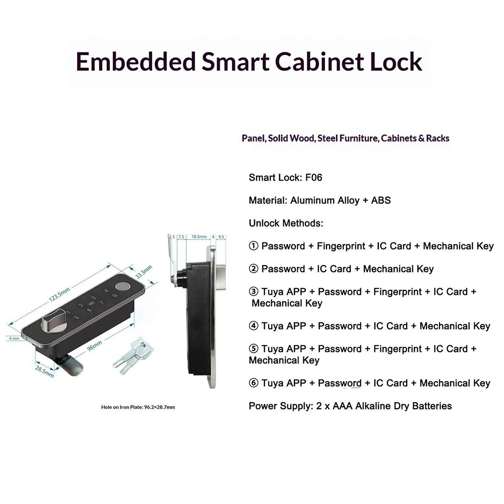 Embedded Intelligent Cabinet Lock Aluminum Alloy ABS Fingerprint Password Card Key App Unlock Tuya TTlock Optional Smart Lock