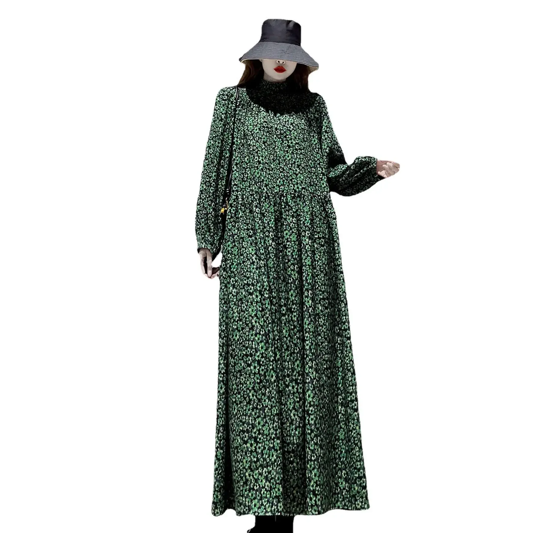 Vestido retrô de manga comprida de gola alta, muçulmano, islâmico, estampado com flores, abaya, caftan marroquino, vestidos maxi, casual, primavera, outono