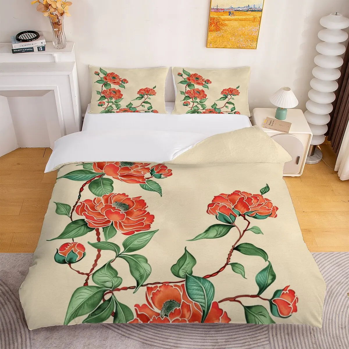 

flowers Down comforter set large size green 1 duvet cover and 2 pillowcases