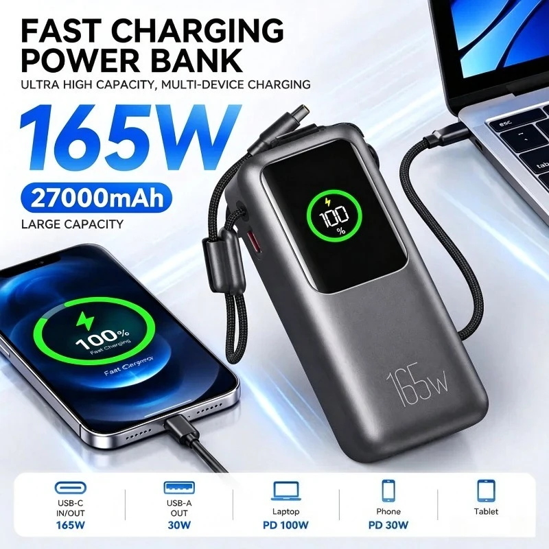 Dual 165W Self Contained Cable Notebook Power Bank UL2056 FCC CE BSCI Certified 27000mAh Portable Charger for Laptop Phone