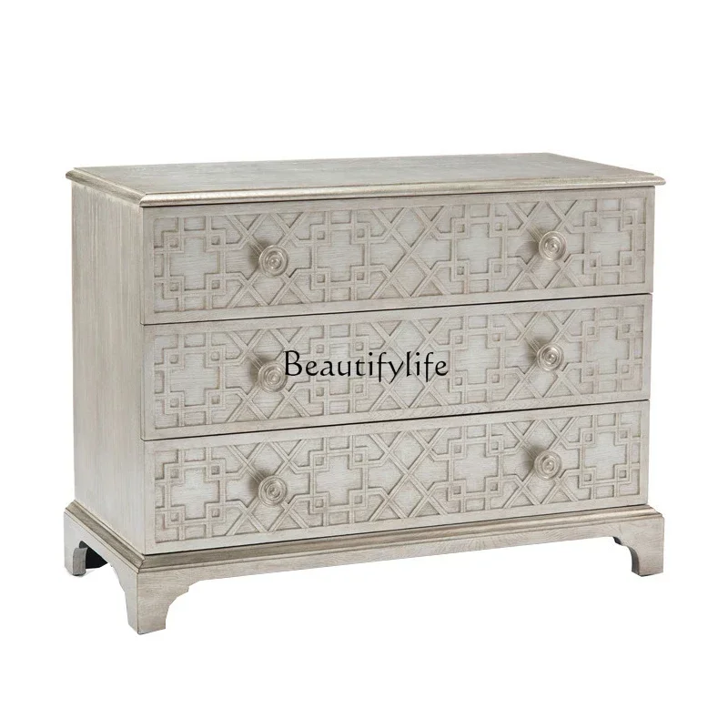 

LXAmerican light luxury entrance chest cabinet solid wood entry living room simple drawer storage three bucket cabinet