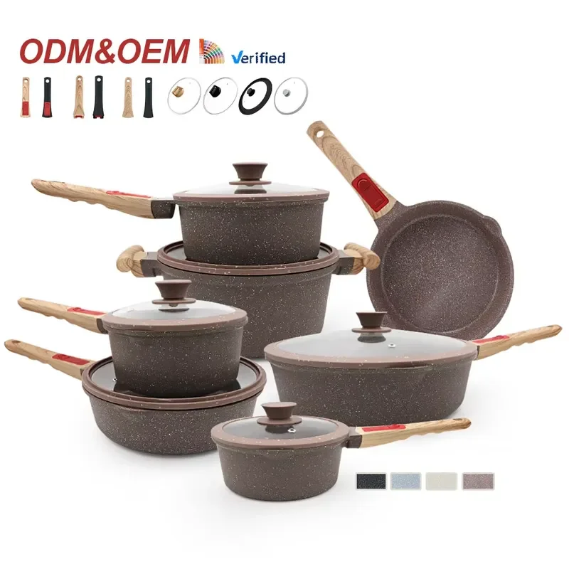 Factory Wholesale 13 Piece Cast Aluminum Cookware Set Ceramic Coating Pan and Pot Set with Removable Handle