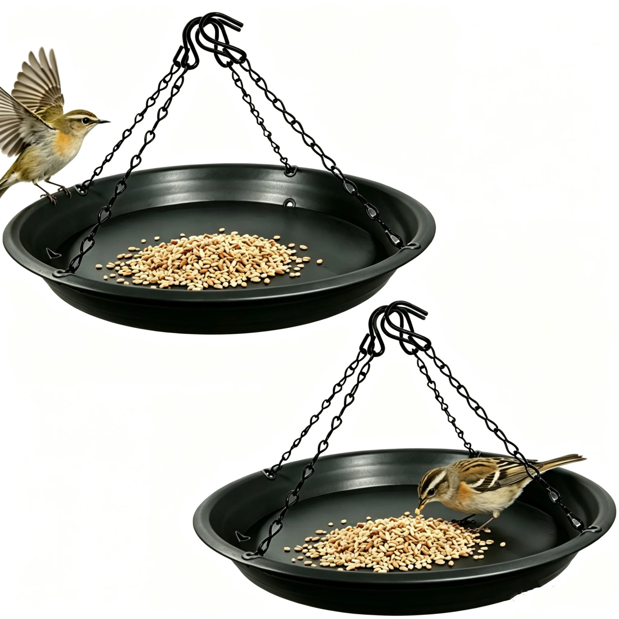 Hanging Bird Feeder Tray PP Plastic Wild Bird Feeding Dish with Anti-Rust Painted Iron Chain Outdoor Bird Feeder Garden Backyard