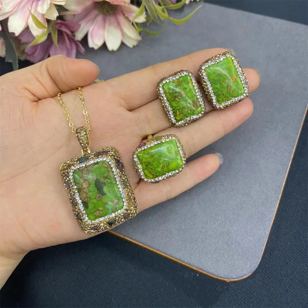 Raw Green Tourquoise Tourmaline Crystal Sets Handmade Beaded Clay Rhinestone Bracelets Necklace Earrings for Women's Jewelry