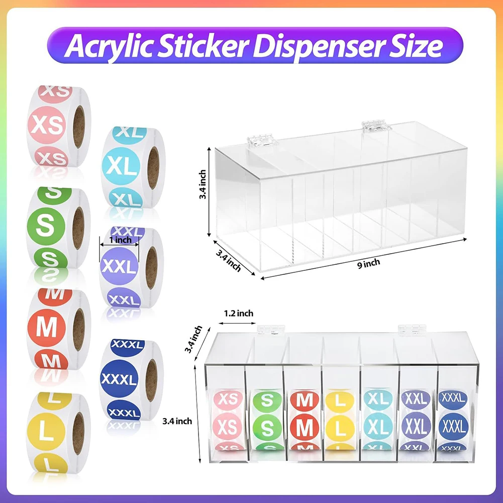 

Acrylic Sticker Roll Dispenser With Dustproof Clear Case For 3500 Clothing Size Labels Holds 7 Rolls For T-Shirts