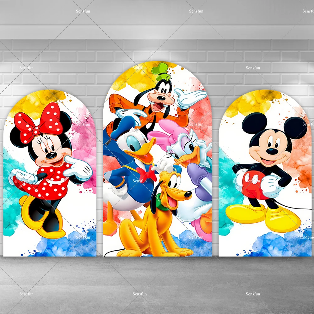 

Фон для фотосессии с изображением Минни и Микки в акварельном стиле, баннер для детского дня рождения, детского праздника, с Дейзи и Дональдом Даком