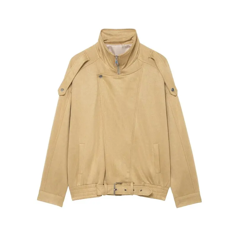 Faionable camurça longa sve zíper jaet feminino fino ajuste gola outerwear nova chegada inverno 2025 comute sle