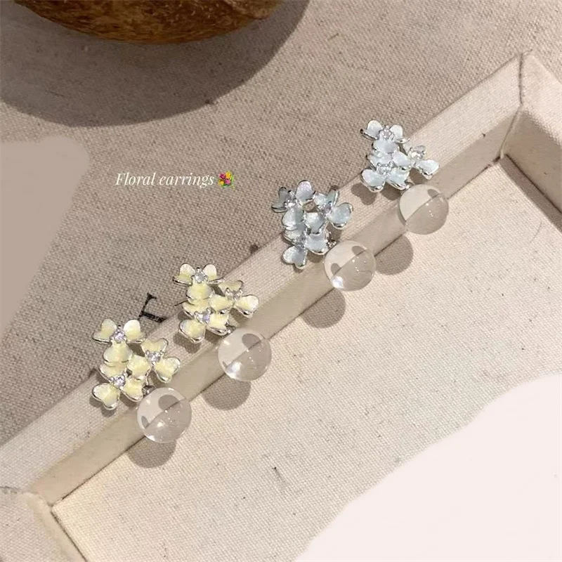 Elegant Romantic Transparent Crystal Ball Petal Earrings Personality Cat Eye Stone Florals Stud Earrings Wedding Party Jewelry