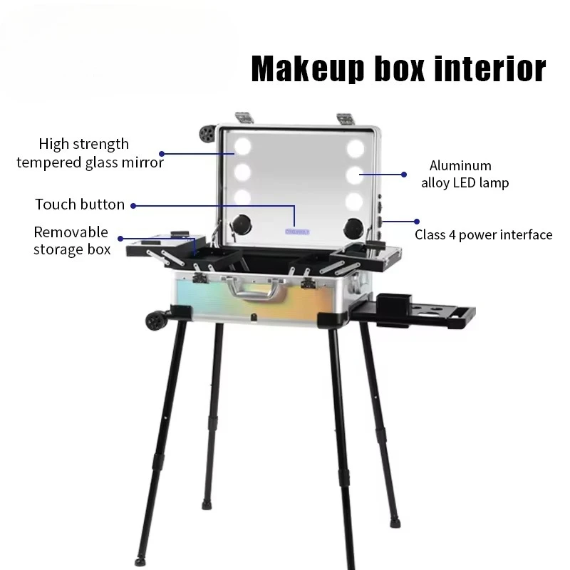 Direct Sales Luxury Rolling Trolley Makeup Cases  With LED Light  Cosmetic Box Case for Makeup Artists Custom Logo
