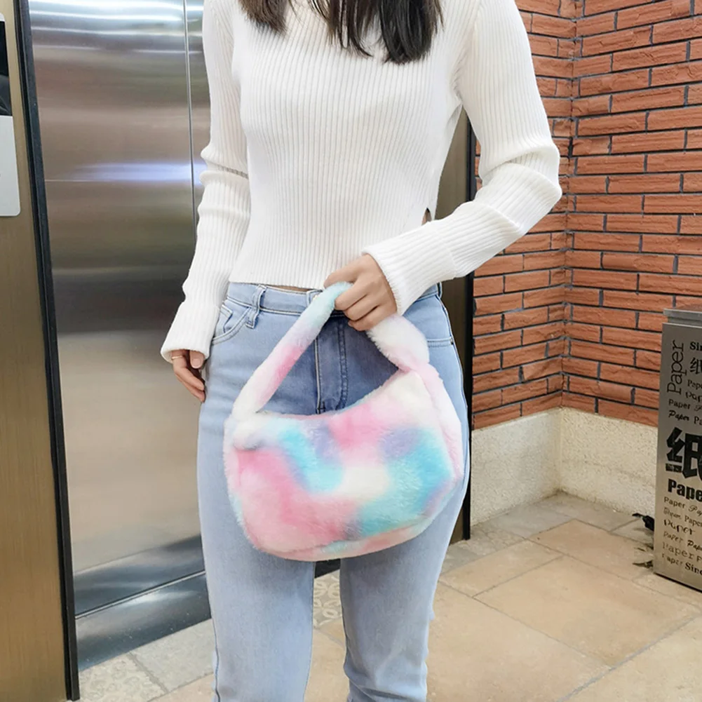 

Rainbow Shoulder Bag Simple Fashion Furry Bag Large Capacity Fluffy Tote Bags Colorful Top-handle Bag for Autumn Winter