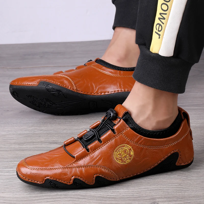 Genuine leather casual shoes, men\'s oversized lace up sports shoes, breathable walking shoes, designer handmade sports shoes