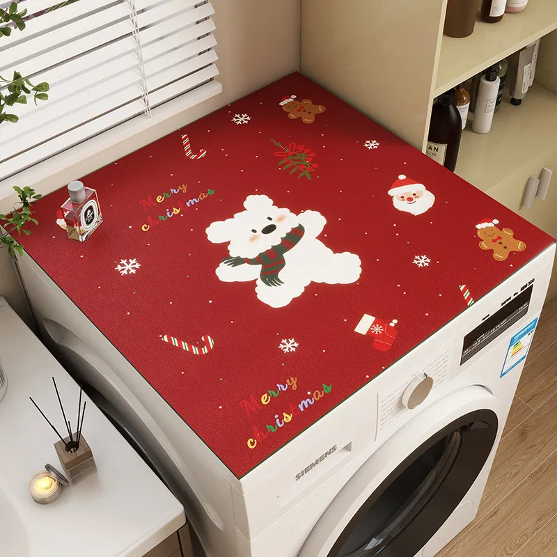 VIKAMA Christmas Bear Washing Machine Top Cover Mat Red Base Snowflake Print Waterproof Anti Dust Laundry Dryer Pad
