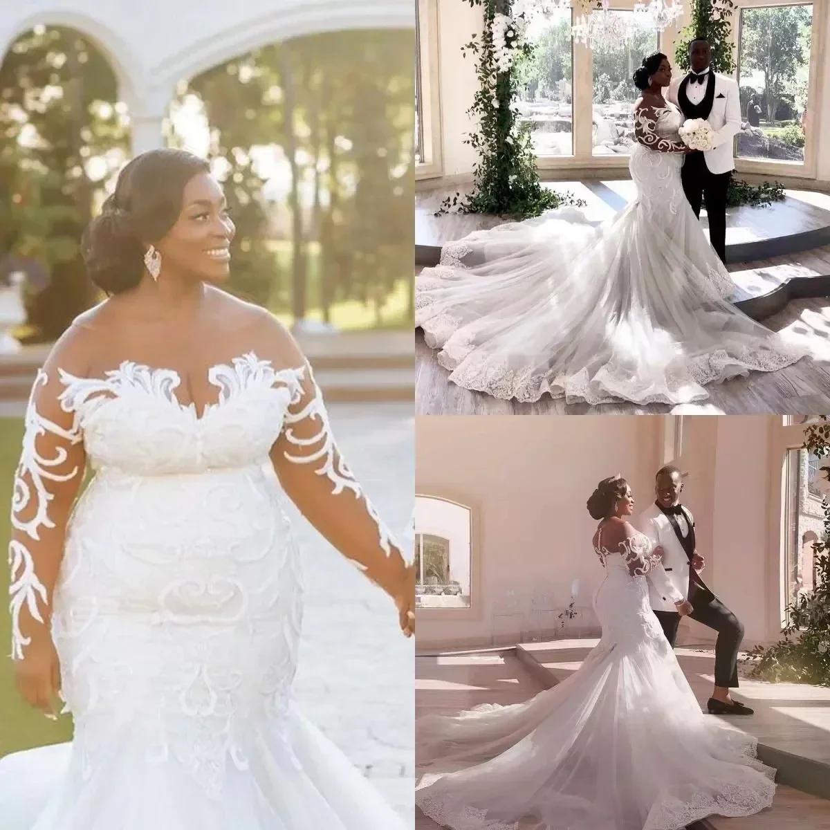 

Свадебные платья больших размеров по индивидуальному заказу, свадебное платье русалки с длинными рукавами, кружевная аппликация, расшитый бисером, скользящий шлейф, индивидуальный заказ, совок