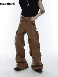 Mauroicardi Spring Autumn Long Loose Casual Brown Black Pu Leather Pants Men Luxury Designer Clothing Wide Leg Trousers 2023