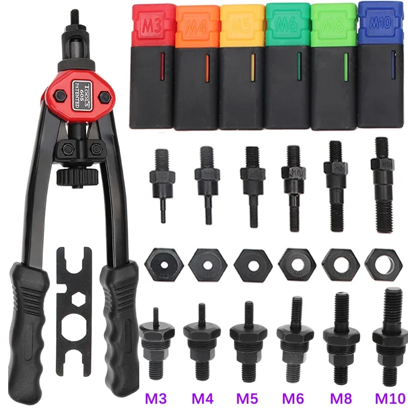 150Pcs Box Flat Head Riveter Nut Gun BT605 Blind Heavy Hand Inser Rivet Nut Tool Manual Mandrels M3/4/5/6/8/10 Riveting Set