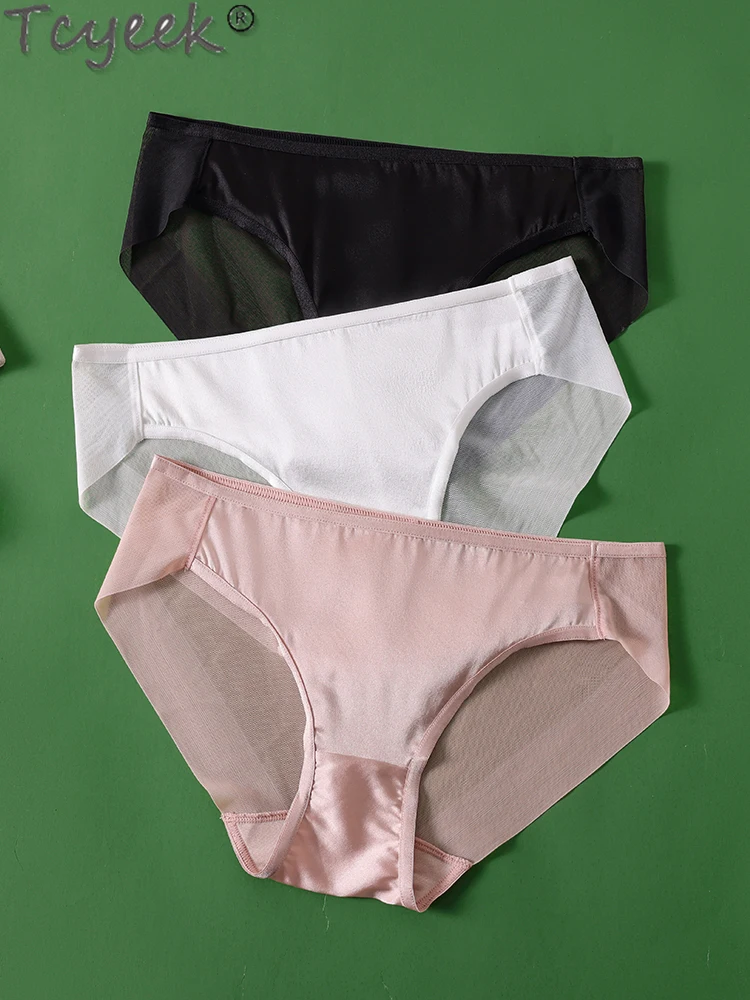 

Tcyeek Mulberry Silk Women Panties Lace Sexy Panties Mid Waist Thin Breathable Underpants for Woman Summer Женские Трусики