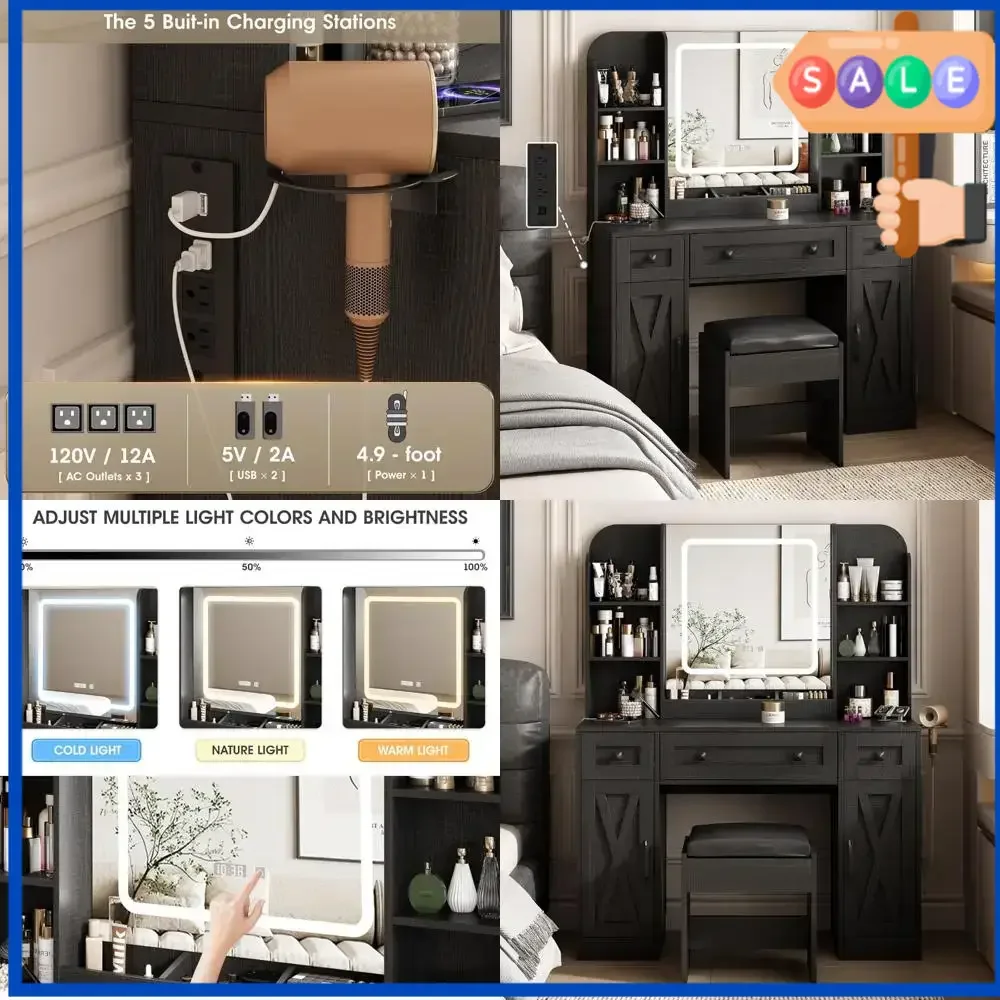 

Освещённый туалетный столик с большим количеством мест для хранения и удобной зоной для макияжа