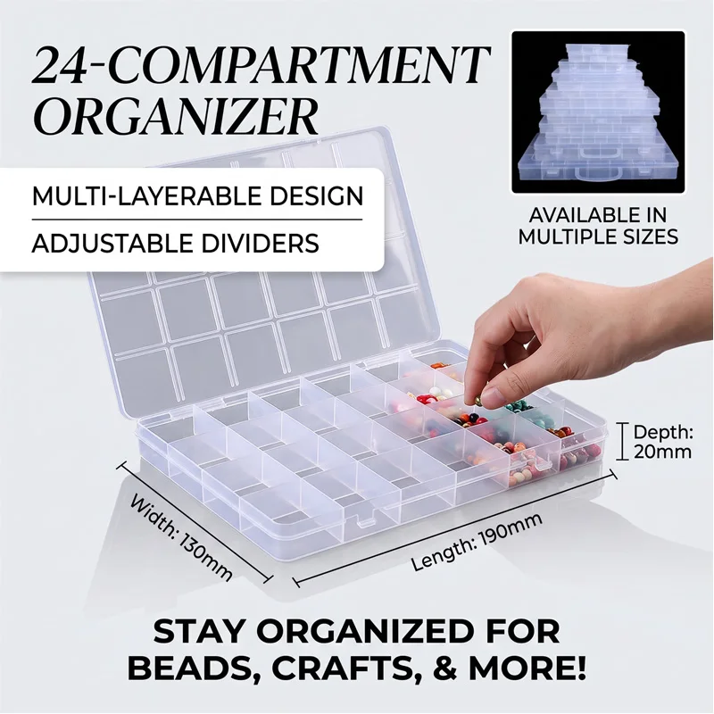 12-36Grids Transparent Storage Container Jewelry Box Clear Plastic Organizer Box with Dividers Craft Storage Container