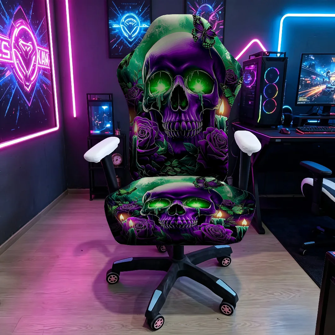 Purple Green Skull & Rose Gaming Chair Cover, Stretch Elastic Anti-Scratch Slipcover for Gamer & Office Chair