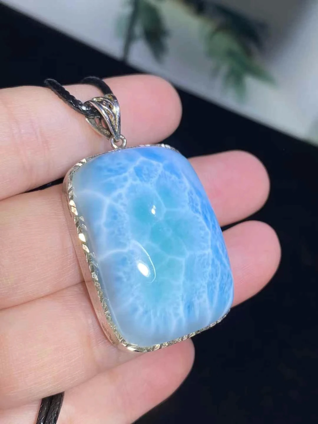 Natural Blue Larimar Water Drop Pendant Women Men 25.8*34.5mm Water Pattern 18K Gold Crystal Love Necklace From Dominia AAAAAAA