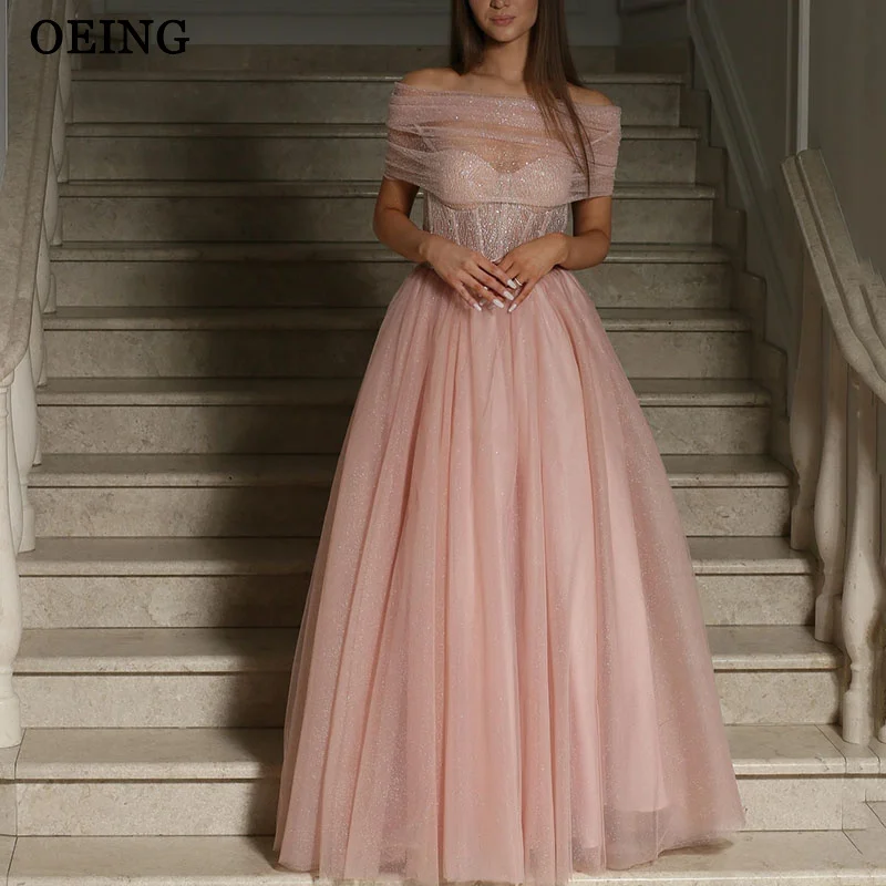 

OEING Princess A-Line Pink Prom Dresses Off Shoulder Sequin Party Gowns Exquisite Floor-Length Soft Tulle Dress Customized