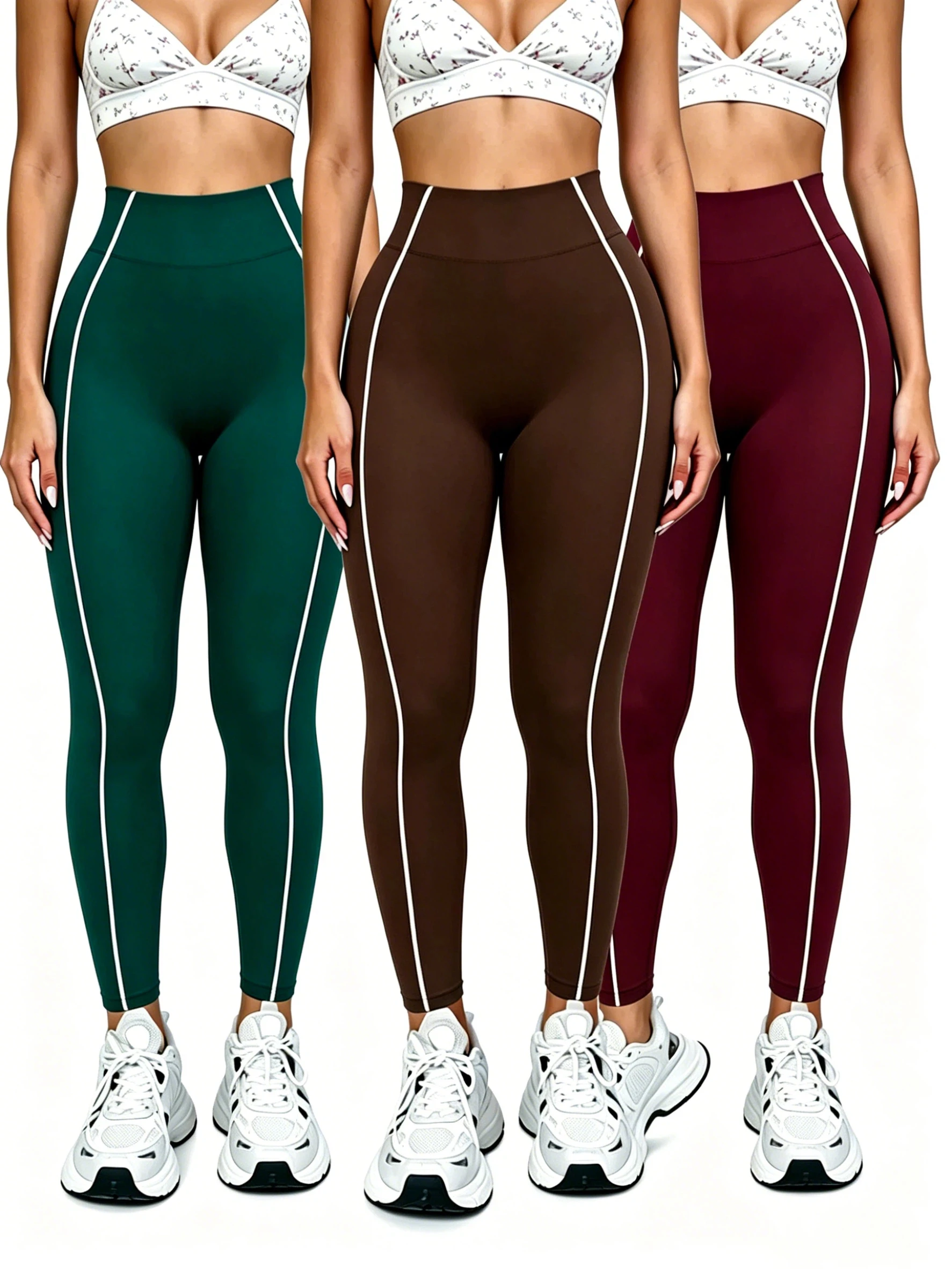 3PCs Women High Waist Yoga Leggings White Contrast Side Piping Tummy Control Butt Lifting Fitness Gym Workout Sport Leggings