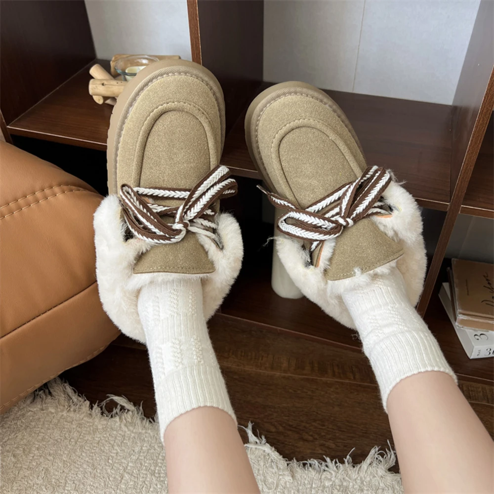 

Женские винтажные теплые пушистые толстые короткие зимние ботинки, зимняя мода 2024, универсальные плюшевые удобные хлопковые ботинки с волосатой массивкой