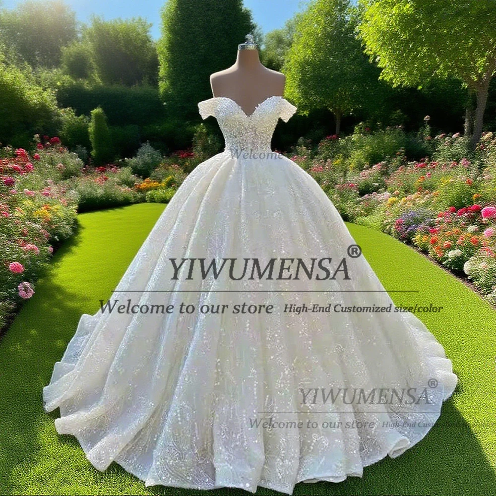 Exquisite Sweetheart A Line Bridal Dresses Customized Lace-Up Back Appliques Beaded Wedding Gowns Off Shoulder Bride Clothing