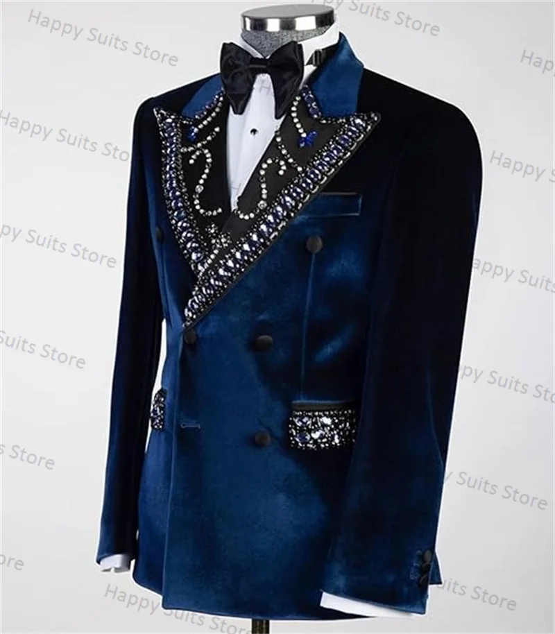 Velvet Crystals Blue Groom Men Suit 2 Piece Blazer+Cotton Pants Formal Office Jacket Coat Wedding Tuxedo Custom Made Prom Dress