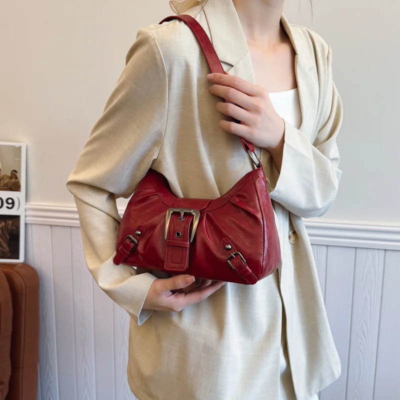 Vintage Damen-Umhängetaschen Y2K Coole Hot Girls PU-Leder Hobo-Unterarmtasche Einfarbiges Plissee-Design Damenhandtaschen