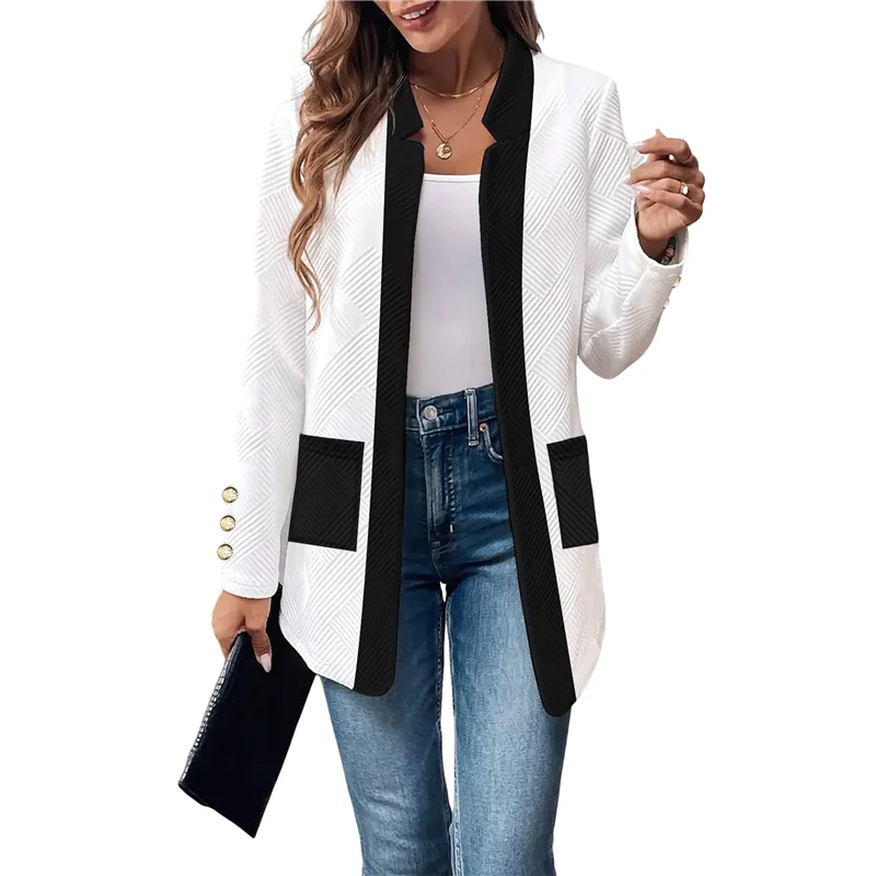 P5-Long Sleeve Notch- طوق أبيض وأسود اللون مطابقة سترة الزي للنساء الأساسية خريف شتاء