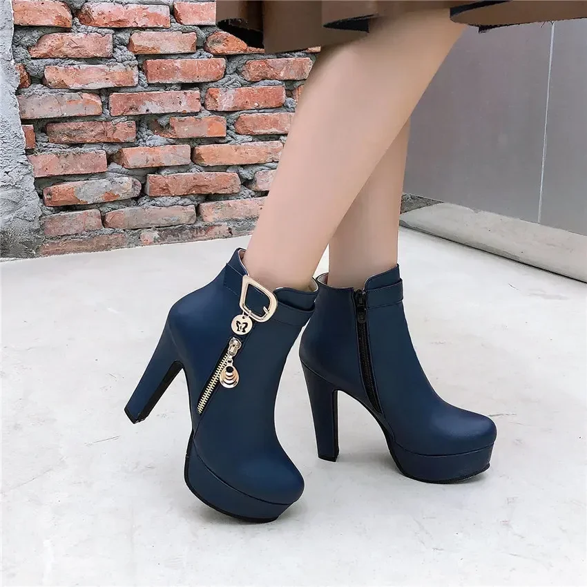 Big Size Ring Pandent Women Ankle Boots Red White High Thick Heel Office Dress Lady Round Toe Buckle Zipper Platform Short Boots view 4