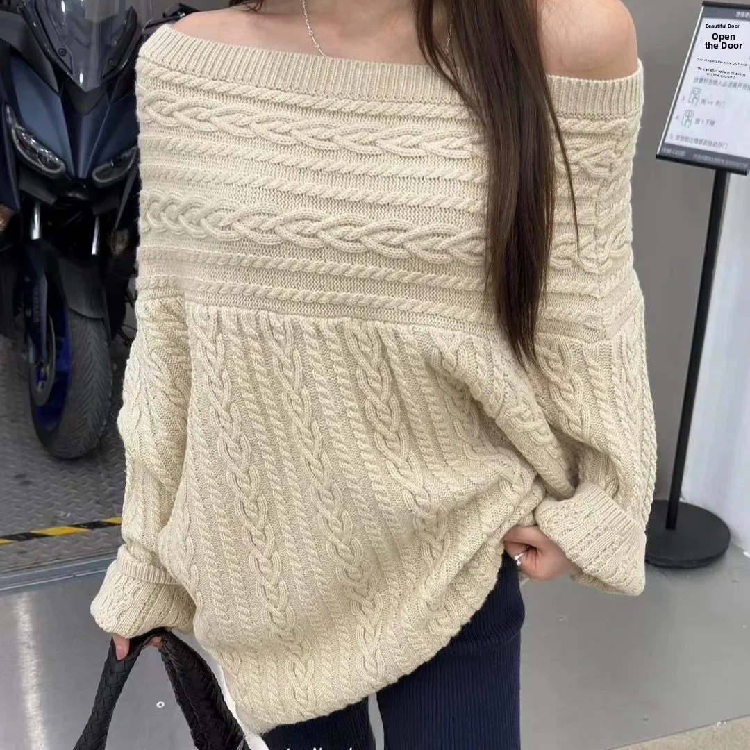 

Весна 2026, женский длинный свитер с наклонными плечами и твидовым узором, ленивый свободный утягивающий свитер с открытыми плечами, дизайн