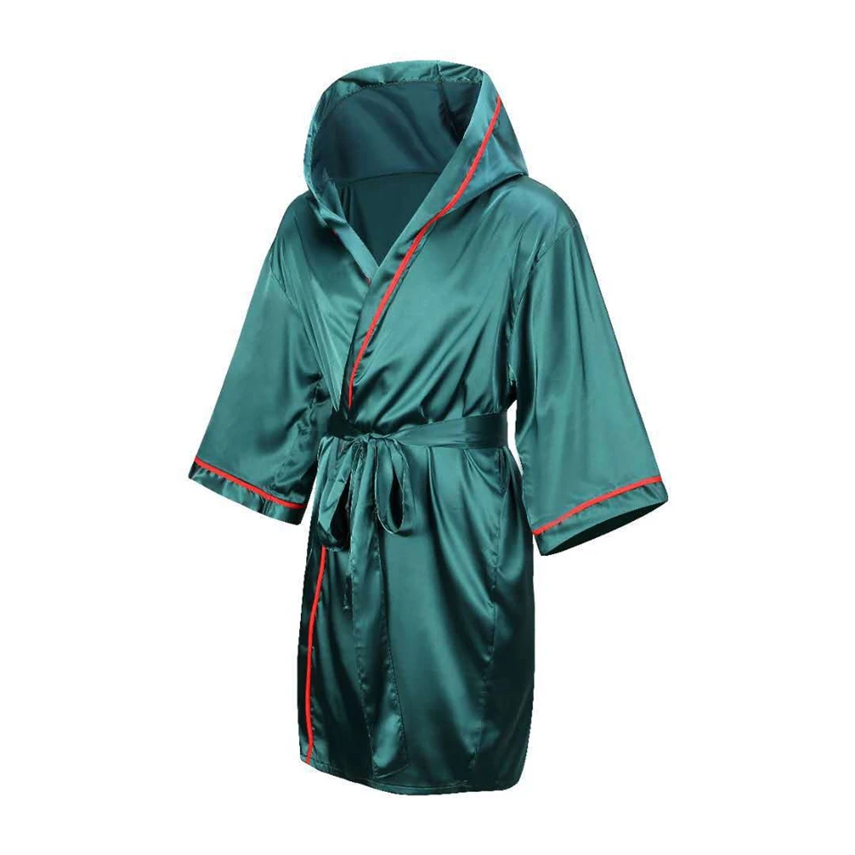 Boxing Robe with Hood Green Silk Satin Adult Martial Arts Kickboxing Match Training Gown Cloak Women Men Muay Thai MMA Uniform