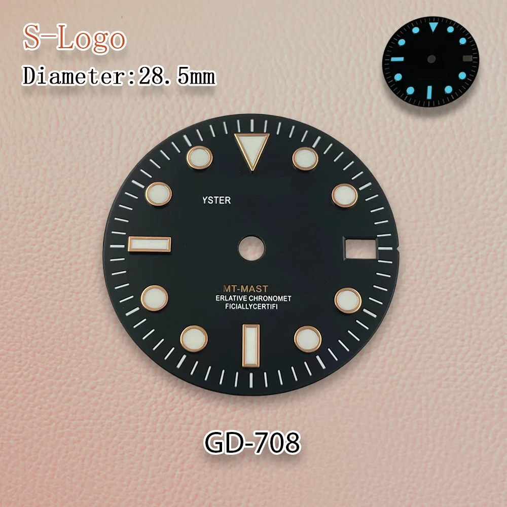 28.5mm S Logo Black GMT NH34 Dial Silvery Index Movement Ice Blue Luminous High Quality Watch Modification Accessories Repair