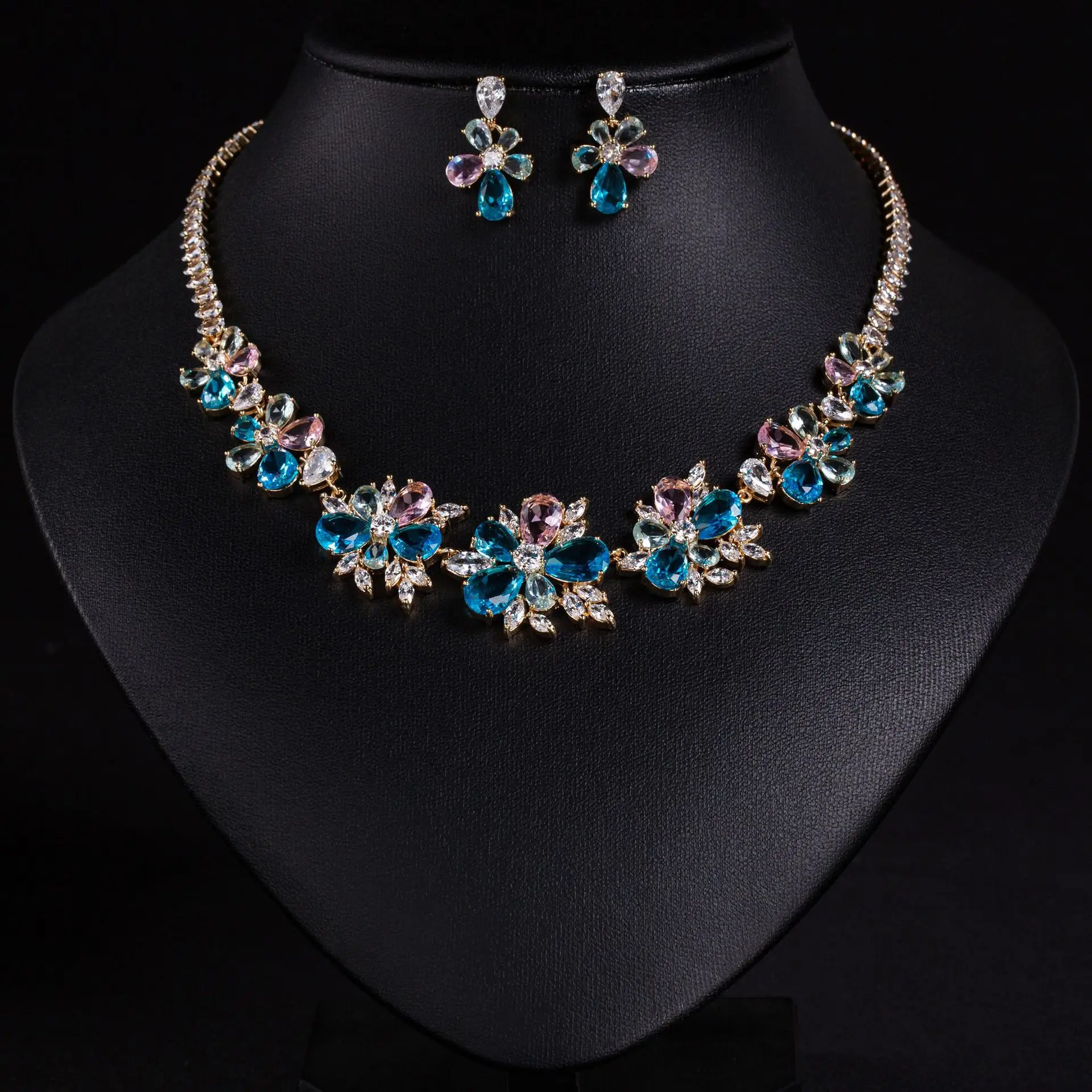 

Vintage Elegant 2 Piece Nigerian Bridal Women Colourful Maple Flower Jewellery Necklace Earrings Set Party Wedding Prom M-585