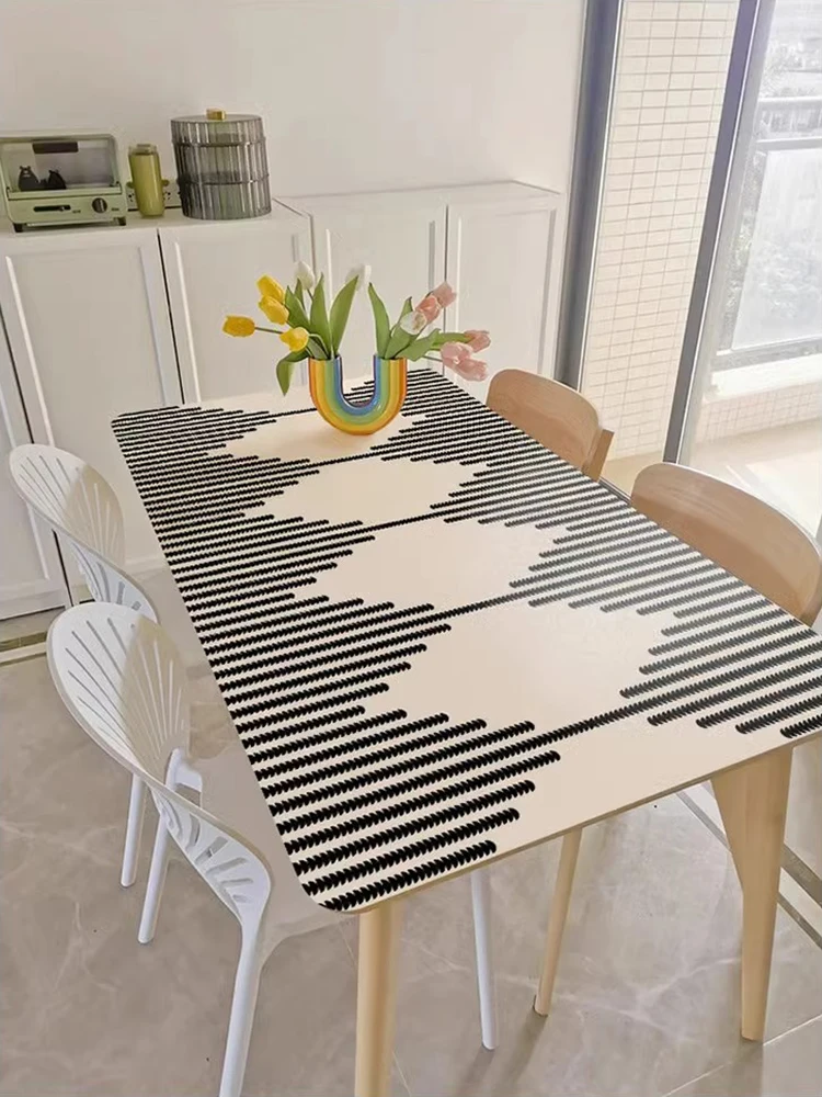 Minimalist Beige Striped Mats Kitchen Dining Table Full Cover Mats PVC Waterproof Oil-proof Table Mats Artistic Easy Clean Mat