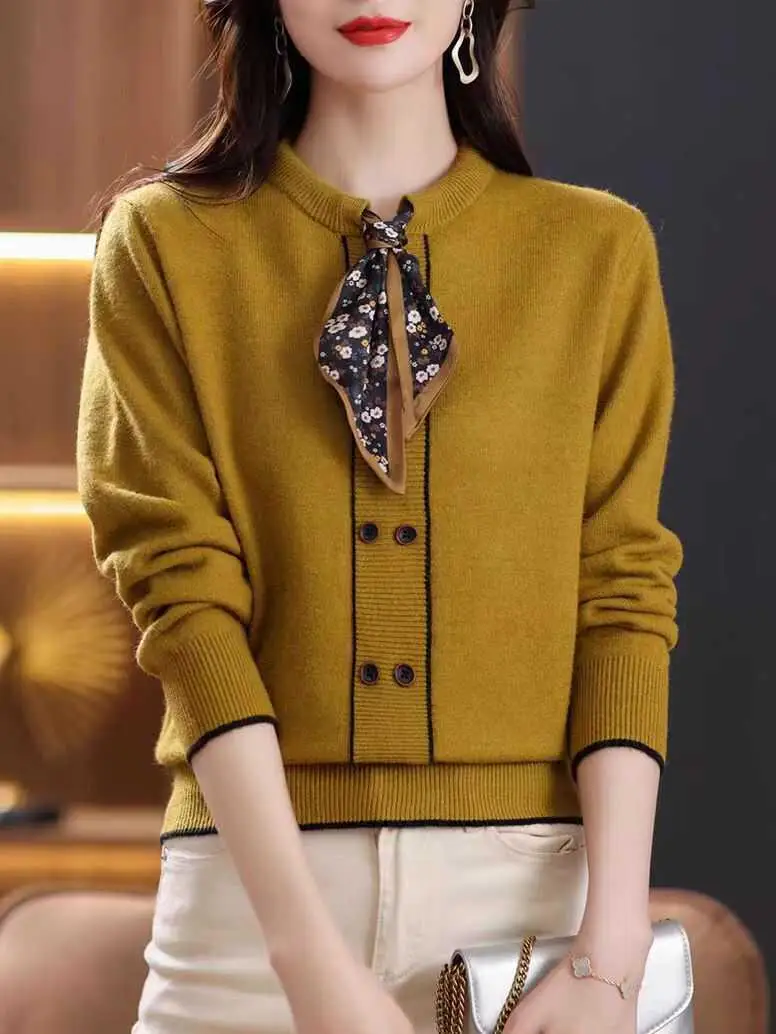 Malhas Es Fenas com Design de Gola Alta e Faixa, Lenço de Seda, Camada Base Quente e Faion para Outono e Inverno...