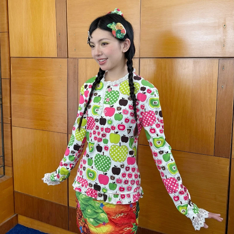 

Japanese Design Fruit Polka Dot Lace Trim Playful Women's Top Autumn New Cute Versatile Age-Reducing Long Sleeve T-Shirt Ladies