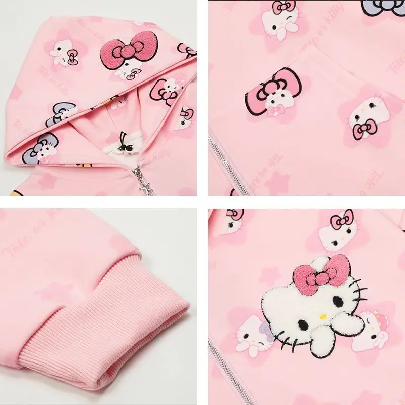 Sanrioed Hello Kittys Cartoon Zipper Hooded Sweatshirt Girls Hoodie Kawaii Lolita Jacket Loose Harajuku Outerwear Women Clothing