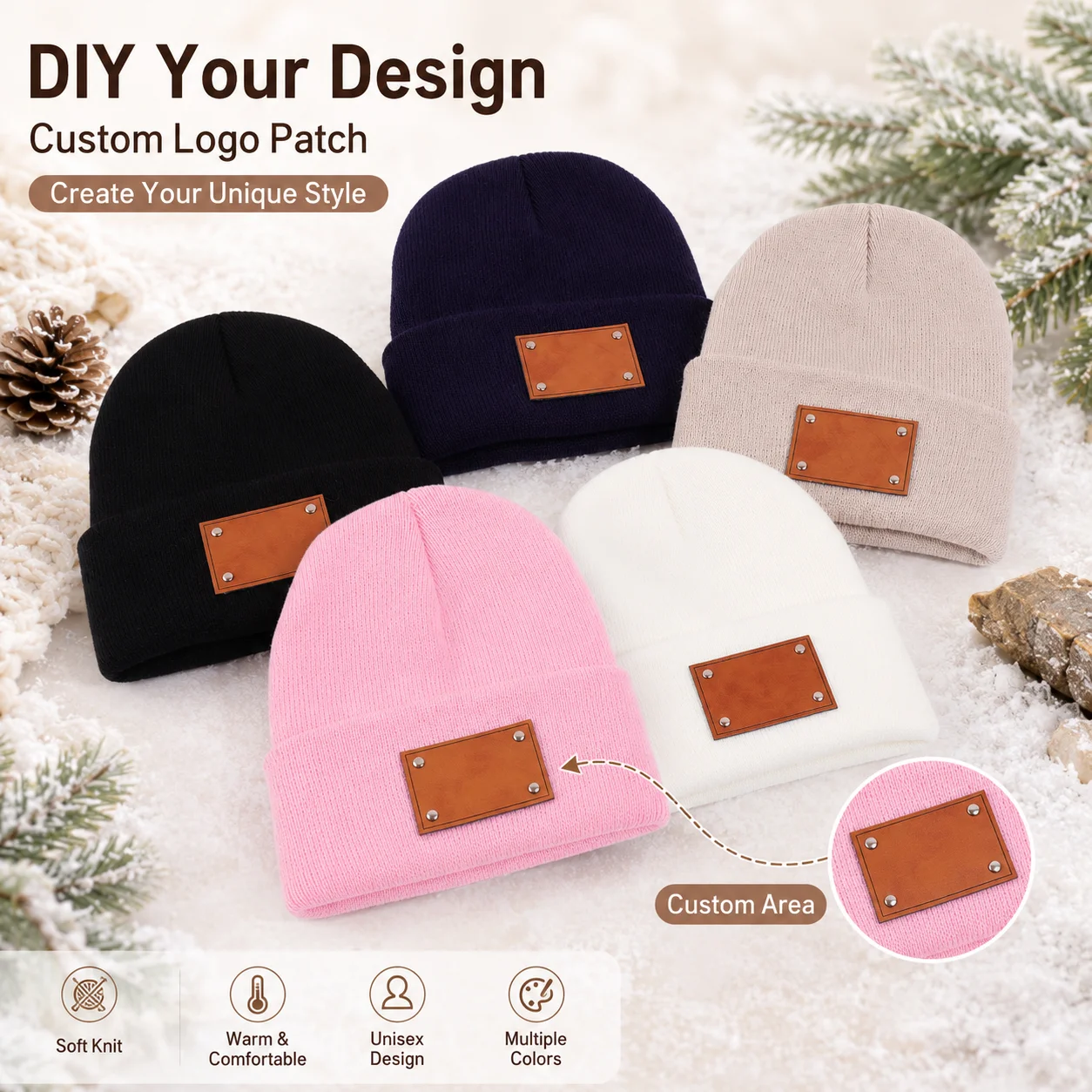 Custom Text Beanie Personalized Winter Knit Cap Laser Engraved Leather Patch Soft Warm Gift Cuffed Customized Name Knit Hat