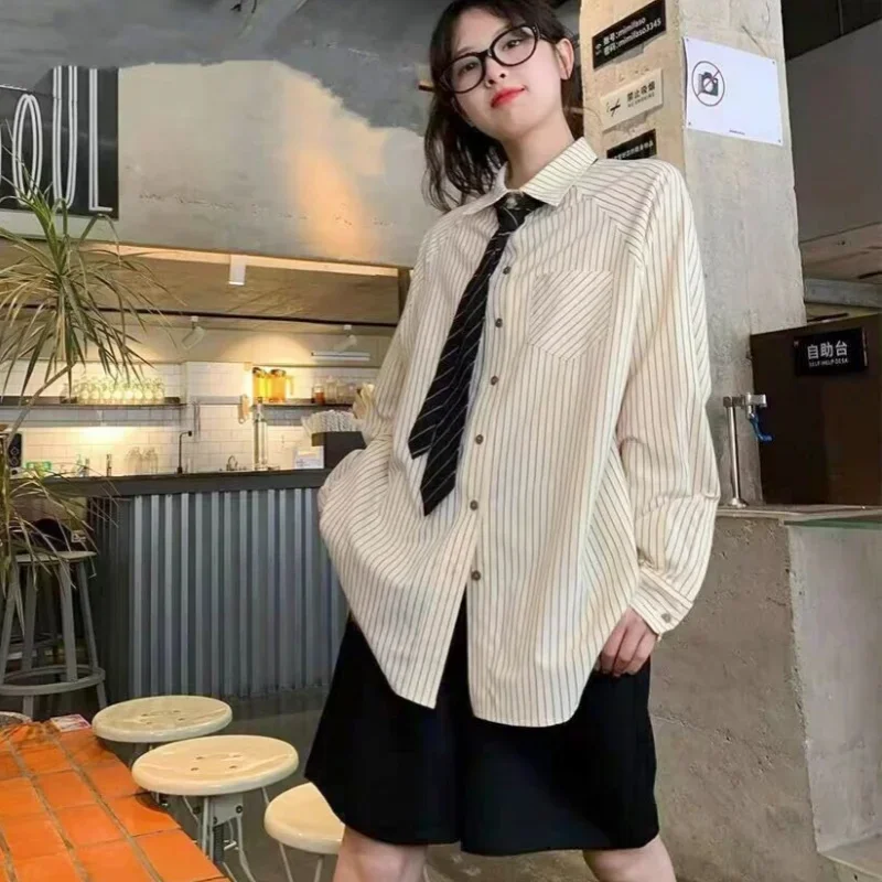 Harajuku Unisex Long Sleeve Necktie Shirts Preppy Students Lovers Khaki Striped Short Sleeved Blouses Summer Loose Oversized Top