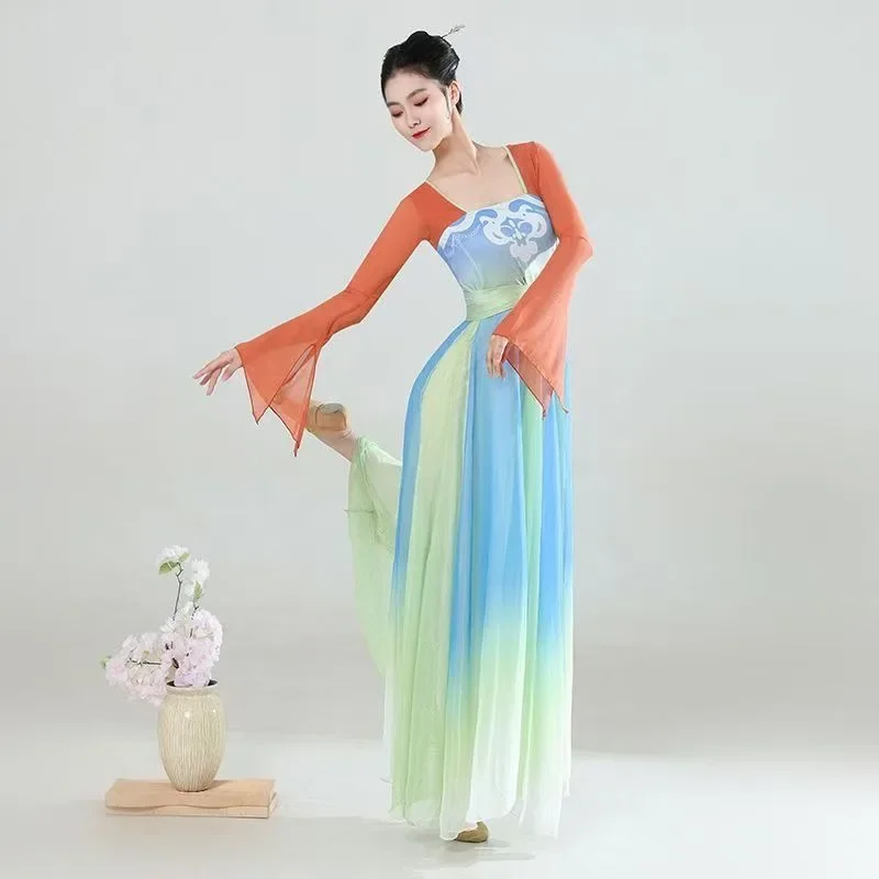 Chinese Classical Dance Costumes Women Blue Green Printed Zippered Long Sleeved Dress Pants Hanfu Girls Dance Practice Clothes