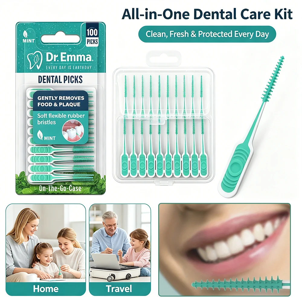 Dr. Emma Mint Silikon-Zahnzwischenraumbürsten, 100 Stück, weiche, flexible Gummi-Zahnzwischenraumbürsten, sanft zu den Zahnfleisch, Einweg-Zahnseide-Sticks – Detail 1