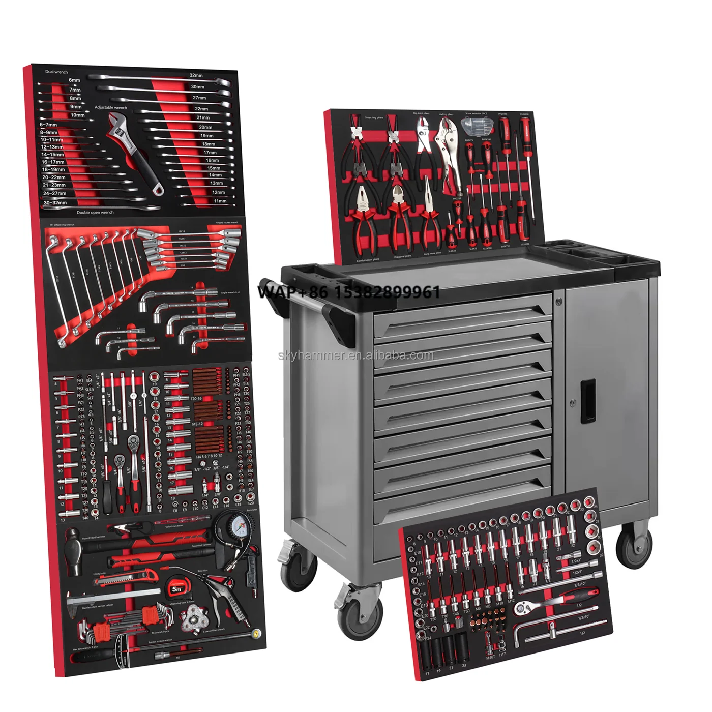 

Workbench with Tool Carts Trolley Tool Set Carton Box Car Repair Tools Storage Cabinet Drawers Metal Custom 349PCS
