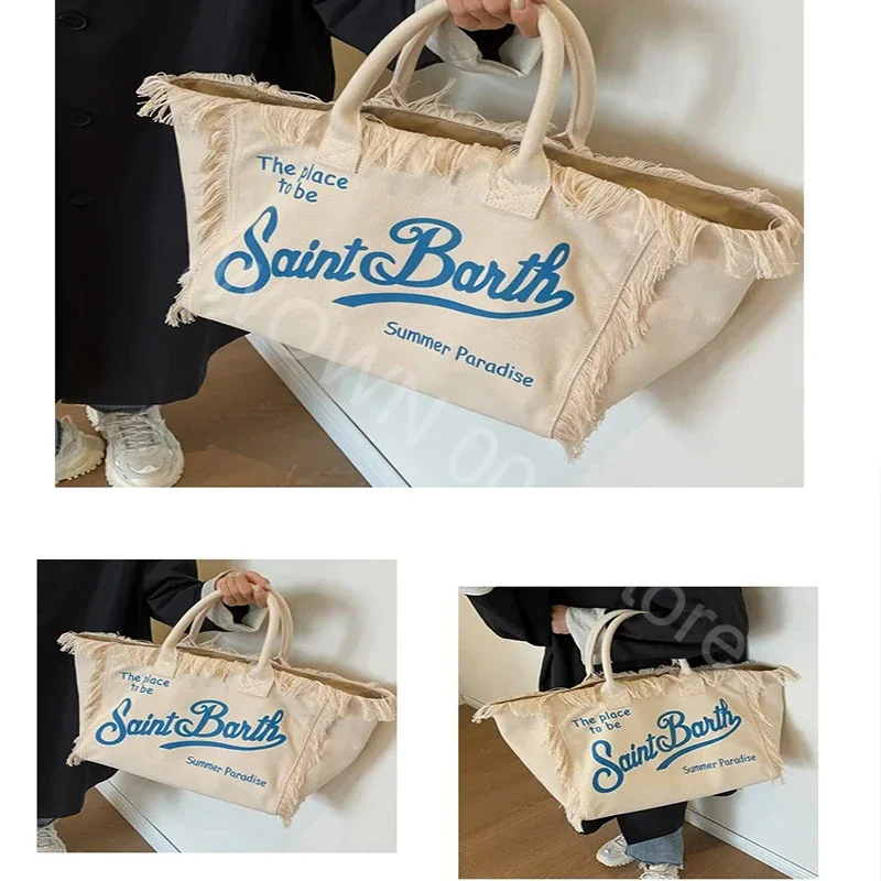 2024 Summer New Hot Selling Canvas Solid Color Women\'s Bag Large Capacity Printed Letter Tassel Splicing High-quality Handbag