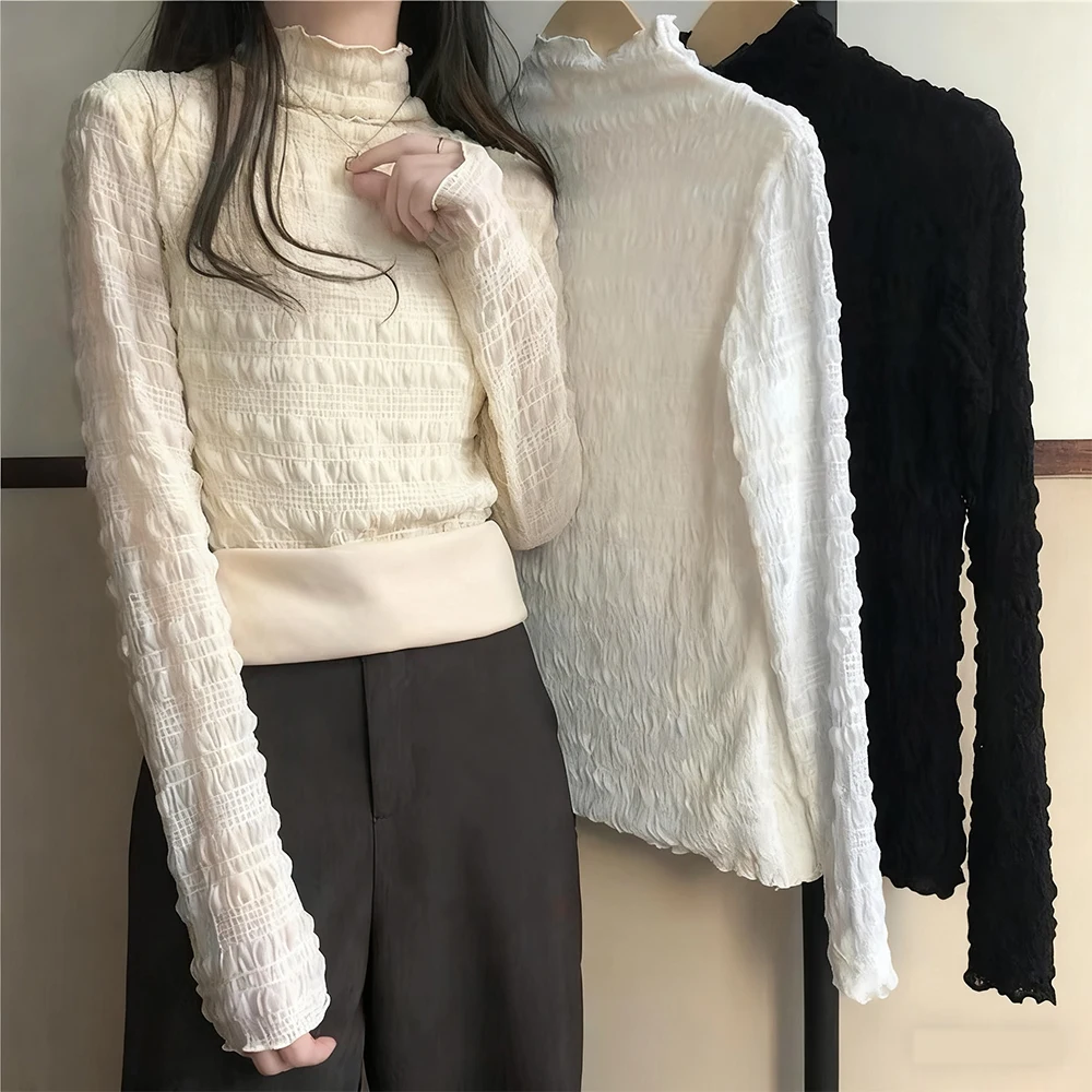 Women Autumn Winter Fleece Lined Tops Elegant Lace Half High Collar Shirts Slim Fit All Match Blouses Soft Daily Innerwear