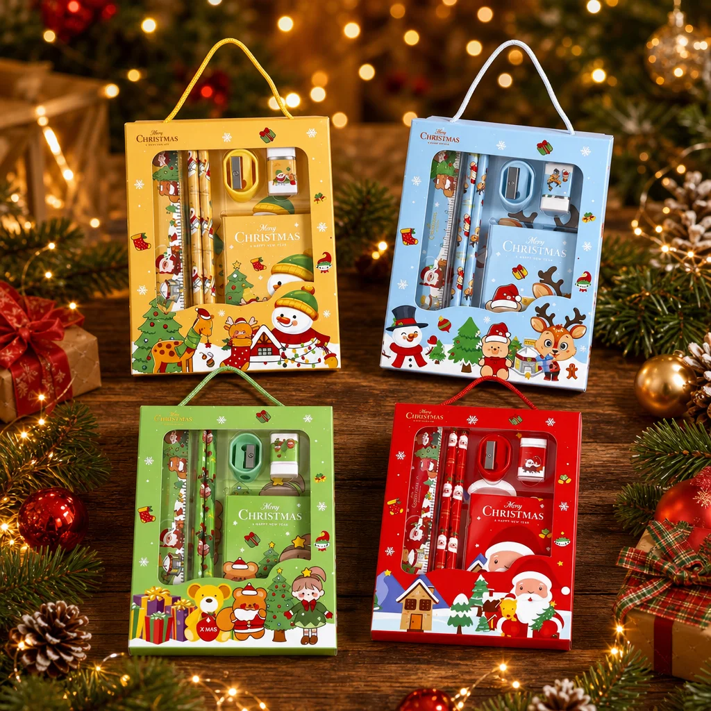 Christmas Stationery Gift Set, Xmas Themed School Supplies Box with Pencils, Ruler, Eraser, Pencil Sharpener & Notebook,Birthday