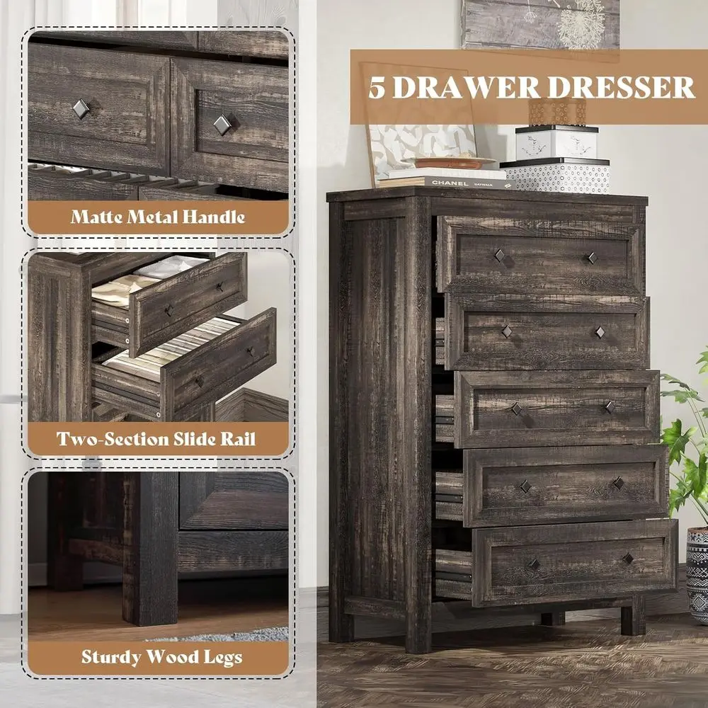 5 Drawer Tall Wood Chest for Bedroom, Hallway, and Entryway in Natural Texture Finish