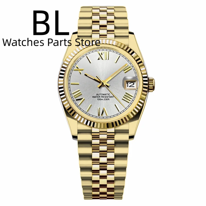 BLIGER 36mm39mm Two-tone Gold NH35 Watch For Men Gold Roman Time Marks Fluted Bezel Sapphire Glass New End Link Jubille Bracelet